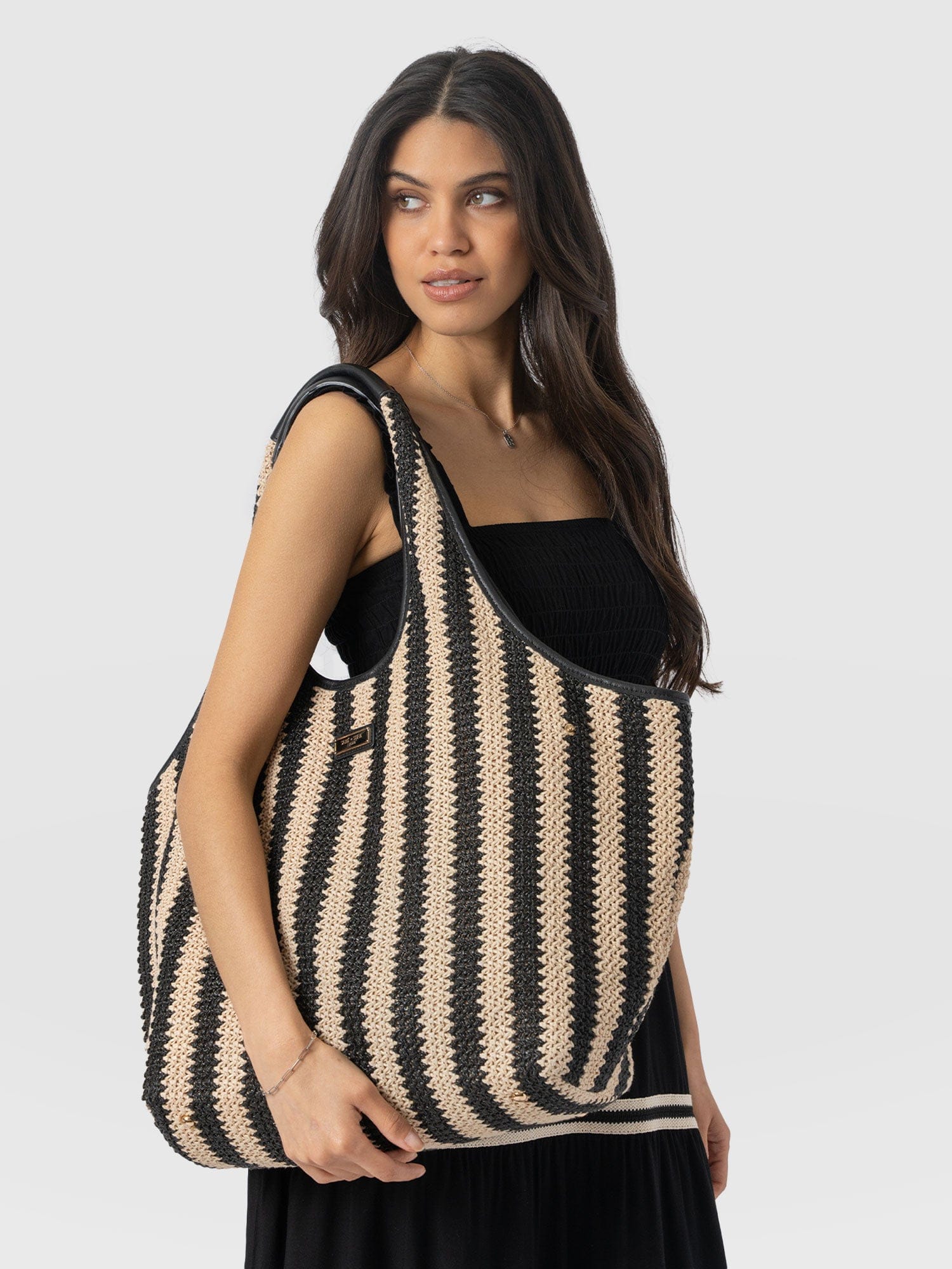 Large Stella Shoulder Tote Bag - Beige/Black Raffia